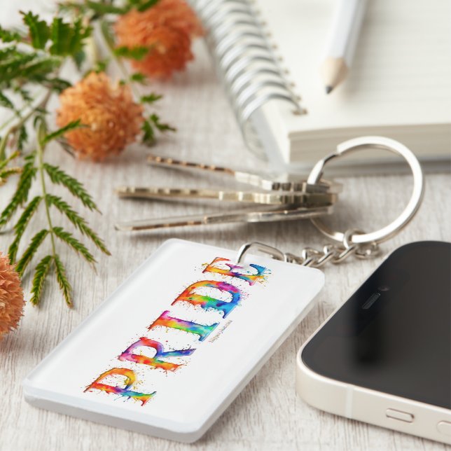 SlipperyJoe's colourful creative Pride-themed text Key Ring (Front Right)