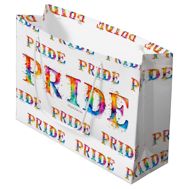 SlipperyJoe's colourful creative Pride-themed text Large Gift Bag (Front Angled)