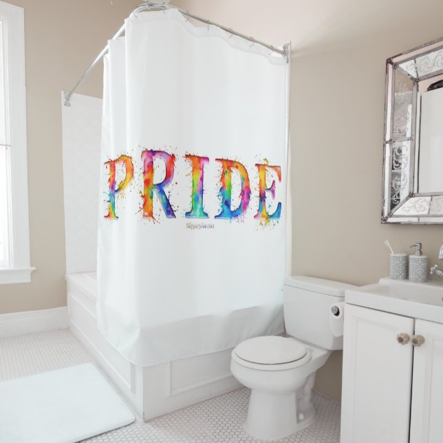 SlipperyJoe's colourful creative Pride-themed text Shower Curtain (In Situ)