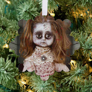SlipperyJoe's creepy doll pale face creepy blood d Tree Decoration Card