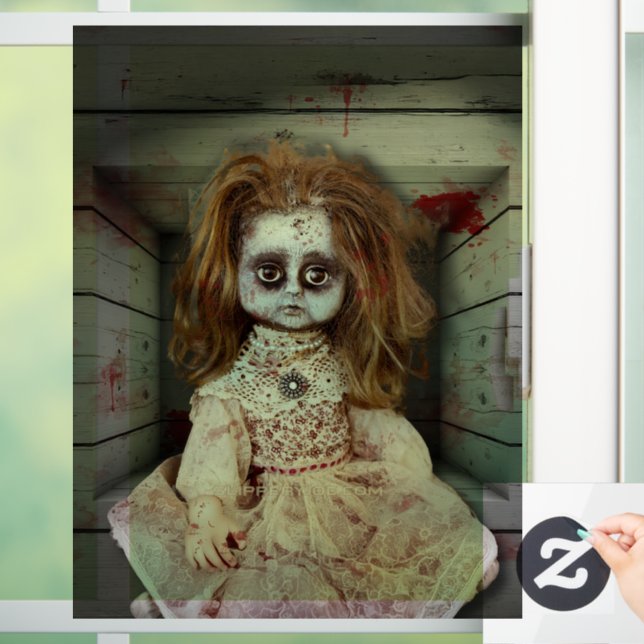 SlipperyJoe's creepy doll pale face creepy blood d Window Cling (Home)