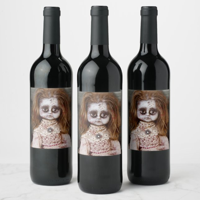 SlipperyJoe's creepy doll pale face creepy blood d Wine Label (Bottles)