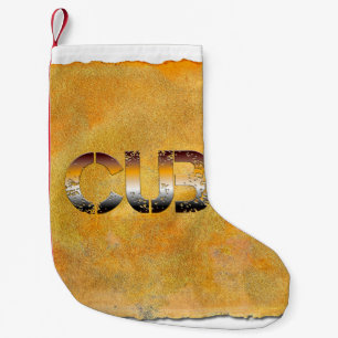 SlipperyJoe's cub bear words gold brown tan white Small Christmas Stocking