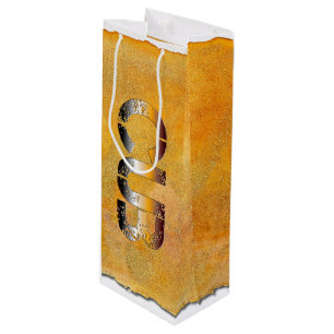 SlipperyJoe's cub bear words gold brown tan white  Wine Gift Bag