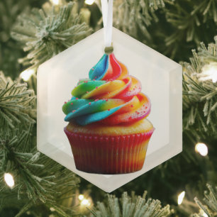 SlipperyJoe's dazzling rainbow cupcake swirled fro Glass Tree Decoration