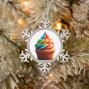SlipperyJoe's dazzling rainbow cupcake swirled fro Snowflake Pewter Christmas Ornament