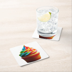 SlipperyJoe's dazzling rainbow cupcake swirled fro Square Paper Coaster
