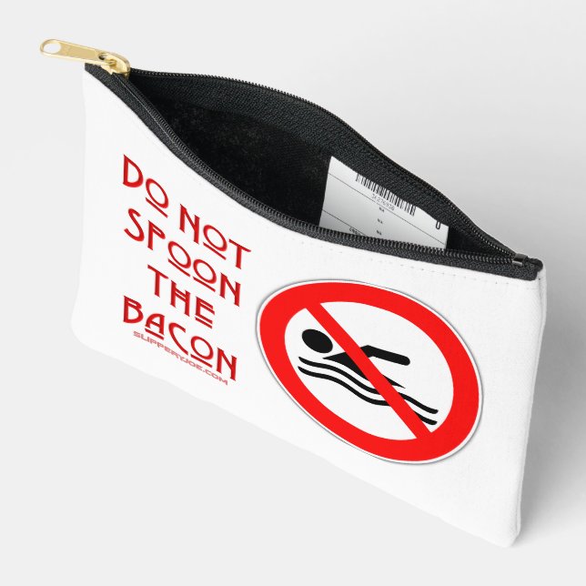 SlipperyJoe's Do Not Spoon Bacon red warning man s Accessory Pouch (Open)