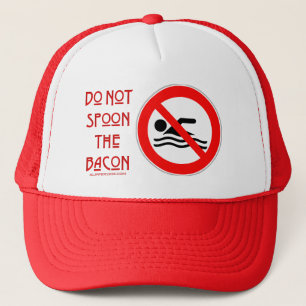 SlipperyJoe's Do Not Spoon Bacon red warning man s Trucker Hat