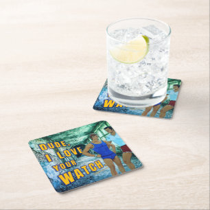 SlipperyJoe's dude love your watch LGBTQIA artisti Square Paper Coaster
