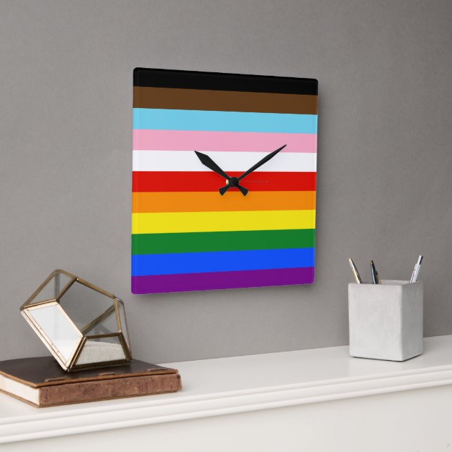 SlipperyJoe's Eleven Stripe Pride Flag blends Phil Square Wall Clock (Office)