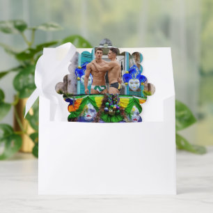SlipperyJoe's festive Mardi Gras scene two men wea Tree Decoration Card