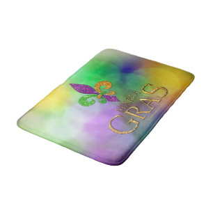 SlipperyJoe's festive Mardi Gras themed purple gre Bath Mat