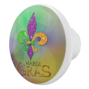 SlipperyJoe's festive Mardi Gras themed purple gre Ceramic Knob