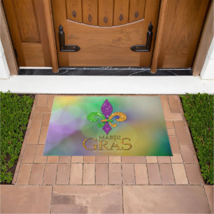 SlipperyJoe's festive Mardi Gras themed purple gre Doormat