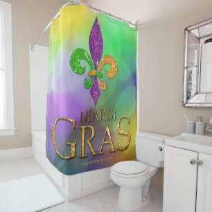 SlipperyJoe's festive Mardi Gras themed purple gre Shower Curtain