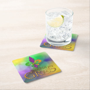 SlipperyJoe's festive Mardi Gras themed purple gre Square Paper Coaster