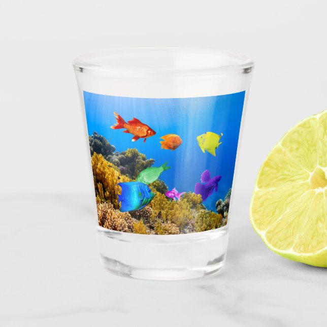 SlipperyJoe's Fish Pride tropical green blue purpl Shot Glass (Front)