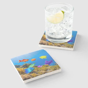 SlipperyJoe's Fish Pride tropical green blue purpl Stone Coaster