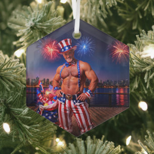 SlipperyJoe's Fourth of July celebration bare hair Glass Tree Decoration