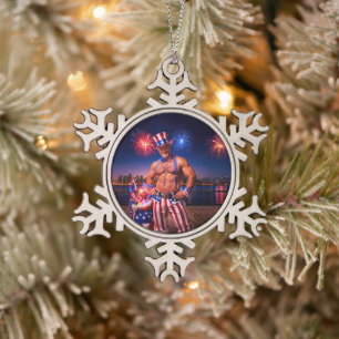 SlipperyJoe's Fourth of July celebration bare hair Snowflake Pewter Christmas Ornament