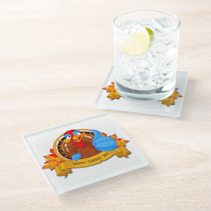 SlipperyJoe's fun cartoon-style Thanksgiving desig Glass Coaster