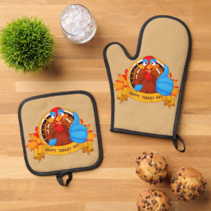 SlipperyJoe's fun cartoon-style Thanksgiving desig Oven Mitt & Pot Holder Set
