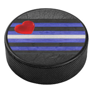 SlipperyJoe's Gay Leather Pride flag black royal b Hockey Puck