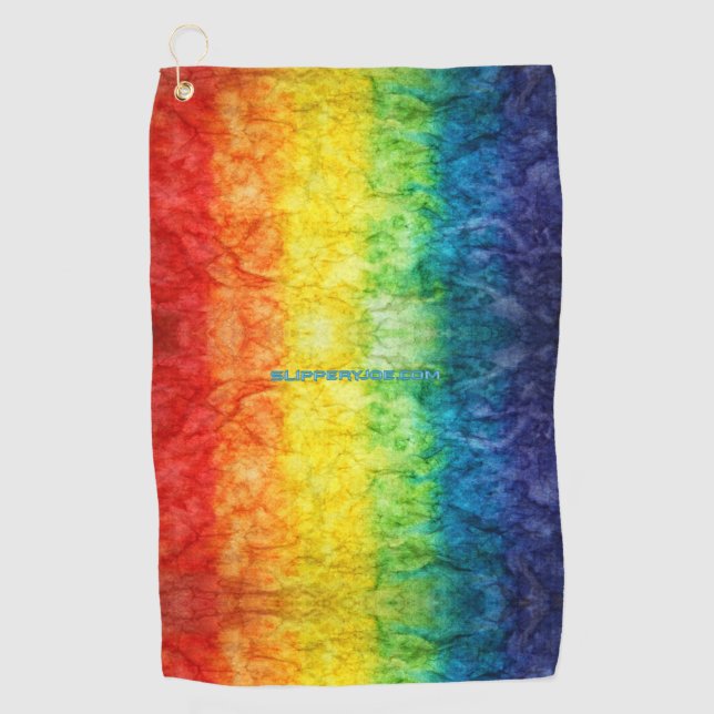 SlipperyJoe's gay pride flag rainbow colours tie-d Golf Towel (Front)