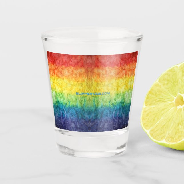 SlipperyJoe's gay pride flag rainbow colours tie-d Shot Glass (Front)