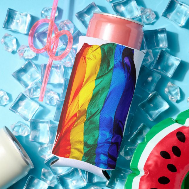 SlipperyJoe's gay pride flag waving pride colours  Seltzer Can Cooler (In Situ Summer)