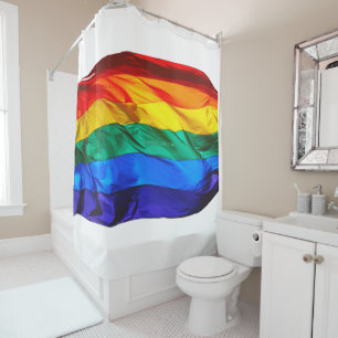 SlipperyJoe's gay pride flag waving pride colours  Shower Curtain