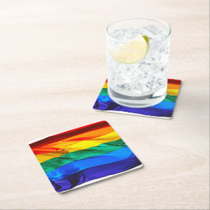 SlipperyJoe's gay pride flag waving pride colours  Square Paper Coaster