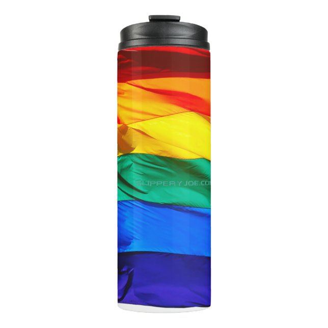 SlipperyJoe's gay pride flag waving pride colours  Thermal Tumbler (Front)