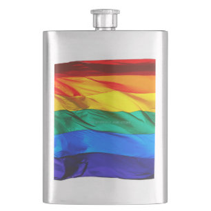 SlipperyJoe's gay pride flag waving red orange yel Hip Flask