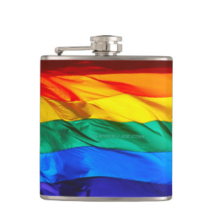 SlipperyJoe's gay pride flag waving red orange yel Hip Flask