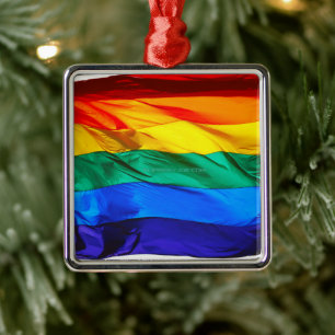 SlipperyJoe's gay pride flag waving red orange yel Metal Tree Decoration