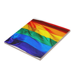 SlipperyJoe's gay pride flag waving red orange yel Tile