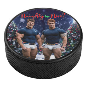 SlipperyJoe's glowing Christmas trees two muscular Hockey Puck