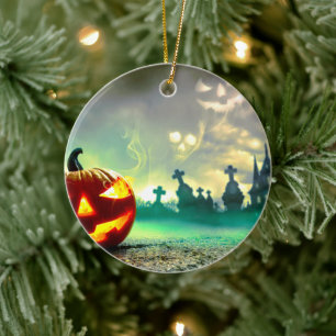 SlipperyJoe's glowing jack‑o’-lantern Halloween wa Ceramic Tree Decoration