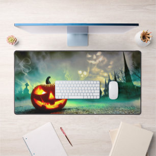 SlipperyJoe's glowing jack‑o’-lantern Halloween wa Desk Mat