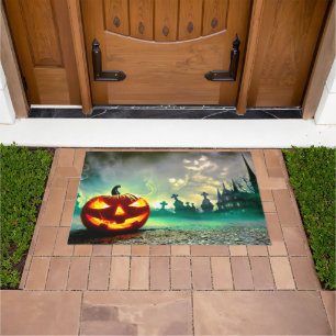 SlipperyJoe's glowing jack‑o’-lantern Halloween wa Doormat