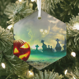 SlipperyJoe's glowing jack‑o’-lantern Halloween wa Glass Tree Decoration