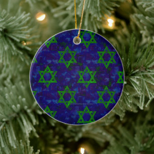 SlipperyJoe's Hanukkah green rows Stars of David c Ceramic Tree Decoration