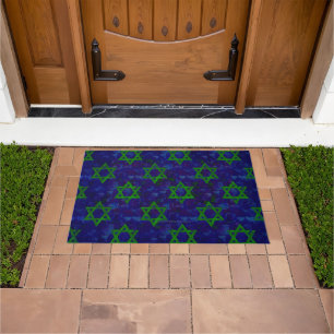 SlipperyJoe's Hanukkah green rows Stars of David c Doormat