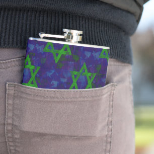 SlipperyJoe's Hanukkah green rows Stars of David c Hip Flask