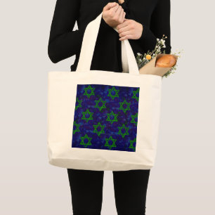 SlipperyJoe's Hanukkah green rows Stars of David c Large Tote Bag