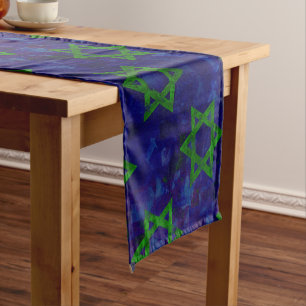 SlipperyJoe's Hanukkah green rows Stars of David c Short Table Runner