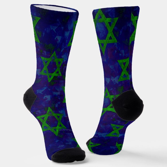 SlipperyJoe's Hanukkah green rows Stars of David c Socks (Angled)
