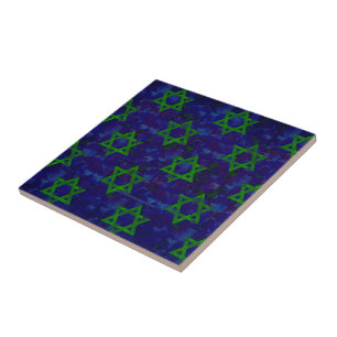 SlipperyJoe's Hanukkah green rows Stars of David c Tile